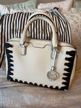 Henri Bendel West 57th White Leather Satchel with Black Corset Ribbon Trim